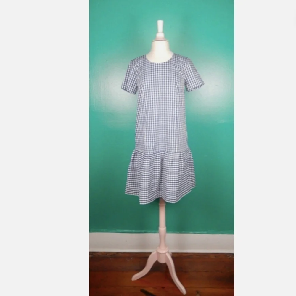 Universal Standard X J. Crew Gingham Drop Waist Blue White Mini Dress Nwt XS